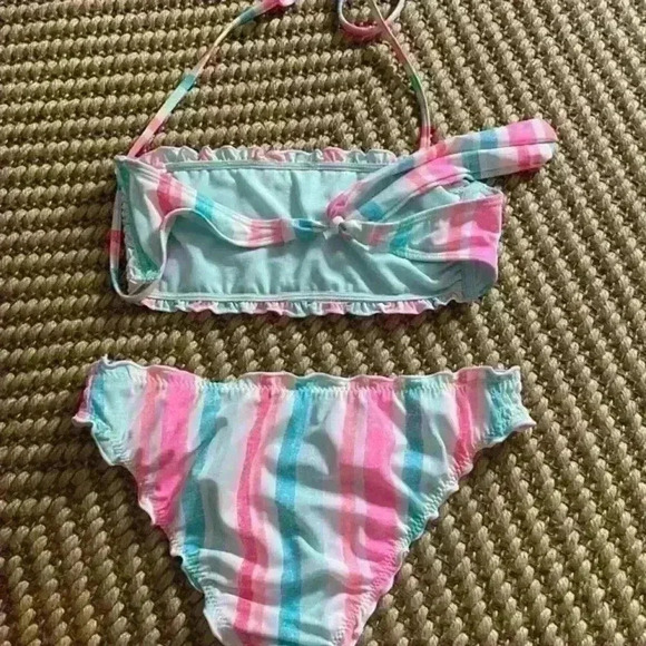 Ardene Ruched Strappy Bikini top and bottom multicolour White Blue Pink size S - Picture 5 of 8
